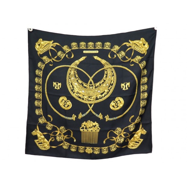 VINTAGE FOULARD HERMES CAVALIERS D'OR RYBALTCHENKO CARRE 90 SOIE NOIR SCARF 410€