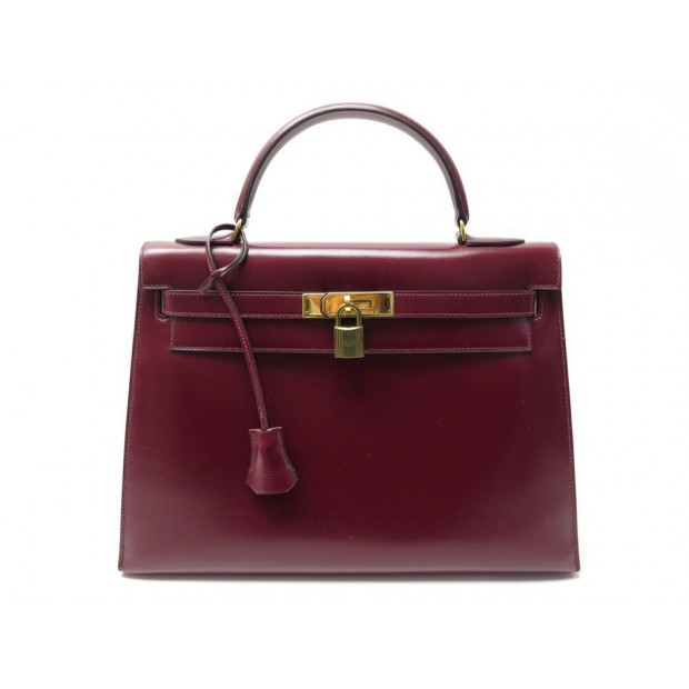 VINTAGE SAC A MAIN HERMES KELLY 32 SELLIER EN CUIR BOX ROUGE + BOITE HAND BAG