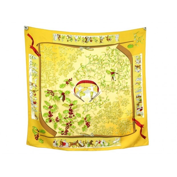 FOULARD HERMES NEIGE D'ANTAN CATY LATHAM CARRE 90 EN SOIE JAUNE SILK SCARF 495€