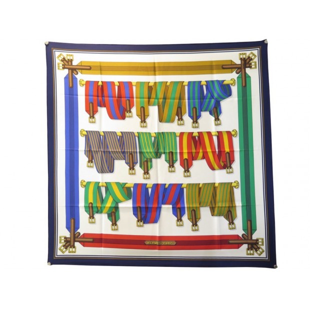 FOULARD HERMES LES SANGLES PAR JOACHIM METZ CARE 90 EN SOIE BLEU SILK SCARF 410€