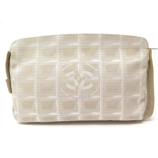 POCHETTE A MAIN CHANEL LIGNE CROISIERE LOGO CC EN TOILE BEIGE TROUSSE SAC CLUTCH