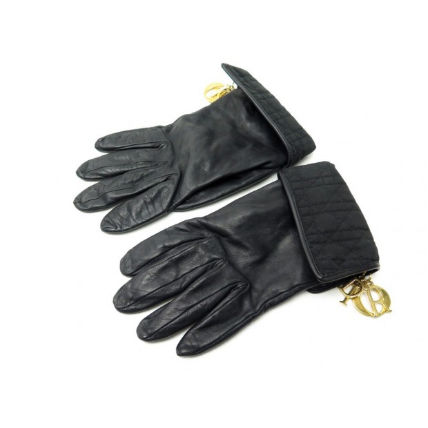 GANTS CHRISTIAN DIOR LADY EN CUIR ET TOILE CANNAGE NOIR 7.5 LEATHER GLOVES 650€