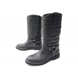 BOTTES CHANEL G30209 40.5 MOTARDES CUIR MATELASSE NOIR BIKER BOOTS 1650€