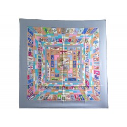 FOULARD HERMES CORRESPONDANCE CATHY LATHAM CARRE 90 SOIE BLEU SILK SCARF 410€