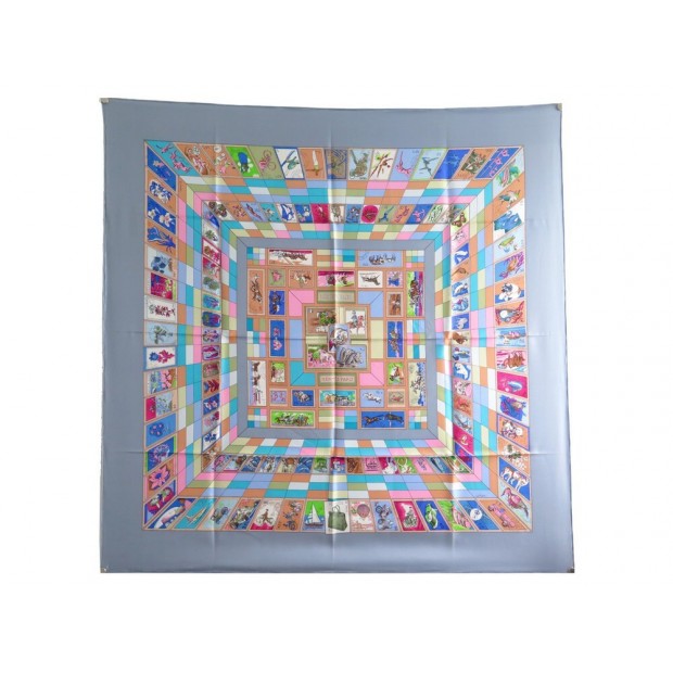 FOULARD HERMES CORRESPONDANCE CATHY LATHAM CARRE 90 SOIE BLEU SILK SCARF 410€