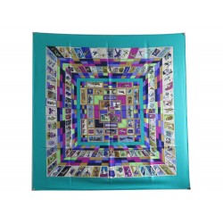 FOULARD HERMES CORRESPONDANCE CATHY LATHAM CARRE 90 SOIE BLEU SILK SCARF 530 