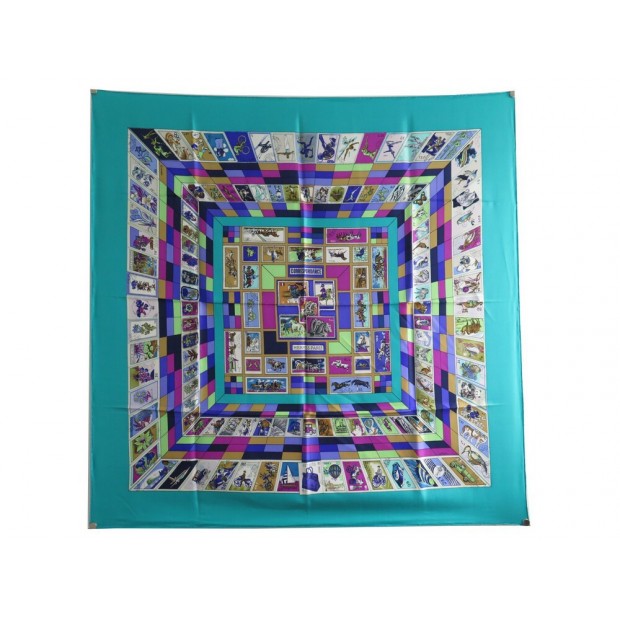 FOULARD HERMES CORRESPONDANCE CATHY LATHAM CARRE 90 SOIE BLEU SILK SCARF 495€