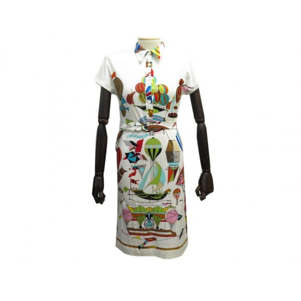 NEUF ROBE HERMES LES FOLIES DU CIEL S 36 BLANC CEINTURE FOULARD CARRE DRESS 800€