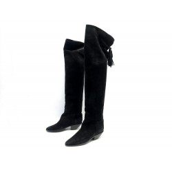 CHAUSSURES BOTTES SAINT LAURENT 529392 CUISSARDES EN DAIM NOIR 37 BOOTS 1395€