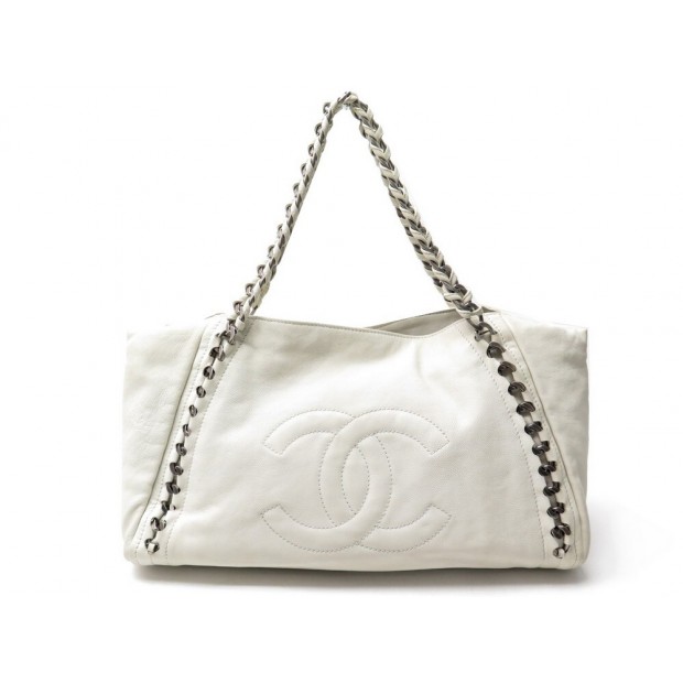 SAC A MAIN CHANEL CABAS SHOPPING GM EN CUIR BLANC LEATHER HAND TOTE BAG 4600€