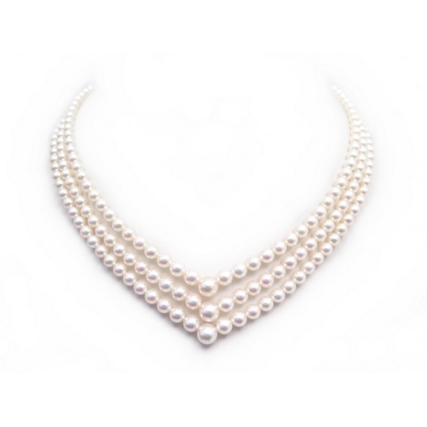 COLLIER DE PERLES DE CULTURE 3 RANGS FERMOIR EN OR 18K T 40CM 3 ROWS NECKLACE