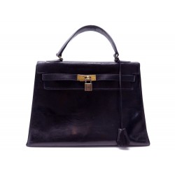 SAC A MAIN HERMES KELLY 32 SELLIER EN CUIR BOX NOIR 1970 BLACK LEATHER HAND BAG