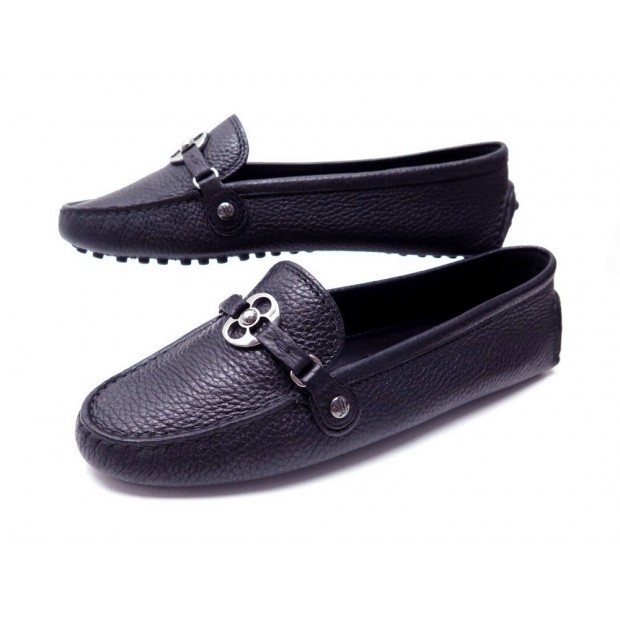 NEUF CHAUSSURES LOUIS VUITTON MOCASSINS 38.5 CUIR GRAINE NOIR BOITE SHOES 640€