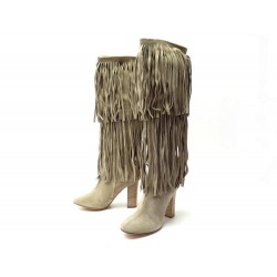 NEUF CHAUSSURES BOTTES CHLOE CH3076 A TALON FRANGES 37 EN DAIM TAUPE BOOTS 1190€