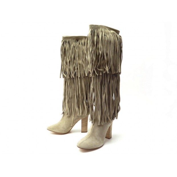 NEUF CHAUSSURES BOTTES CHLOE CH3076 A TALON FRANGES 37 EN DAIM TAUPE BOOTS 1190€