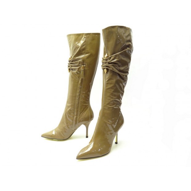 NEUF CHAUSSURES ROBERTO CAVALLI BOTTES 38 DEFILE EN CUIR VERNI BEIGE BOOTS 1050€