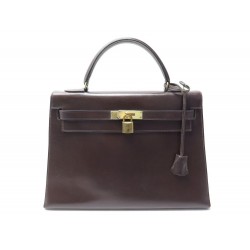 VINTAGE SAC A MAIN HERMES KELLY 32 SELLIER 1962 CUIR BOX MARRON BROWN HAND BAG