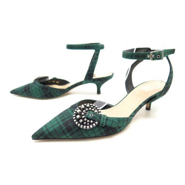 NEUF CHAUSSURES CHRISTIAN DIOR SANDALES A TALON EN TWEED VERT 38 GREEN SHOES