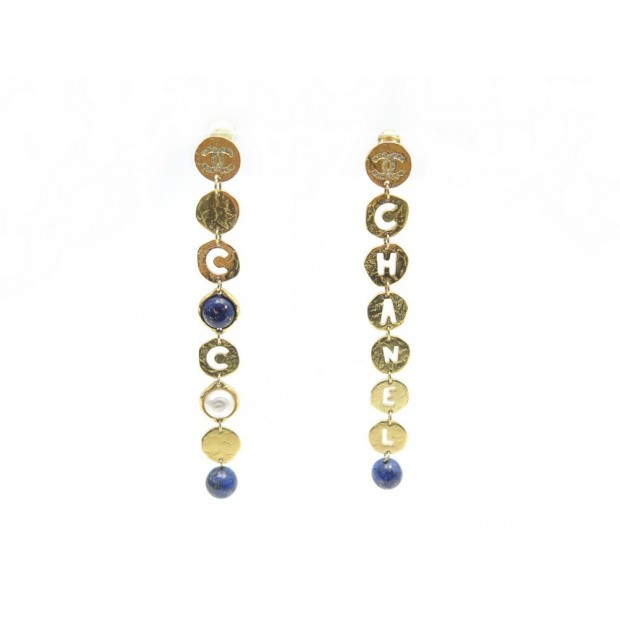 NEUF BOUCLES D'OREILLES CHANEL LETTRES PENDANTES DORE LAPIS LAZULI NEW EARRINGS