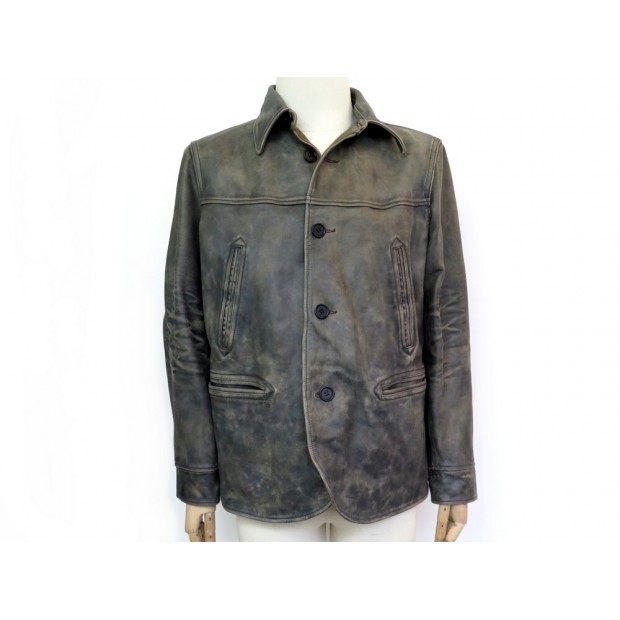 MANTEAU RALPH LAUREN DOUBLE RL M 48 CUIR EFFET VIEILLI GRIS BLOUSON COAT 1950€