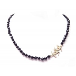 NEUF COLLIER CHANEL LOGO CC & PERLES NOIRES BLACK PEARLS NECKLACE NEW 920€