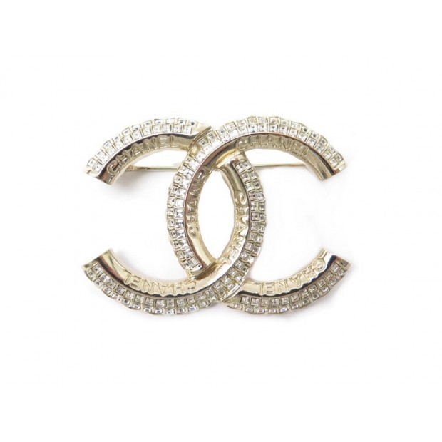 NEUF BROCHE CHANEL LOGO CC & STRASS EN METAL DORE NEW GOLDEN BROOCH 580€