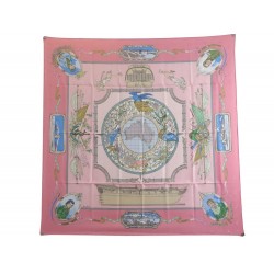 FOULARD HERMES LE GEOGRAPHE LAROCHE CARRE 90 SOIE BROCHEE ROSE SILK SCARF 410€