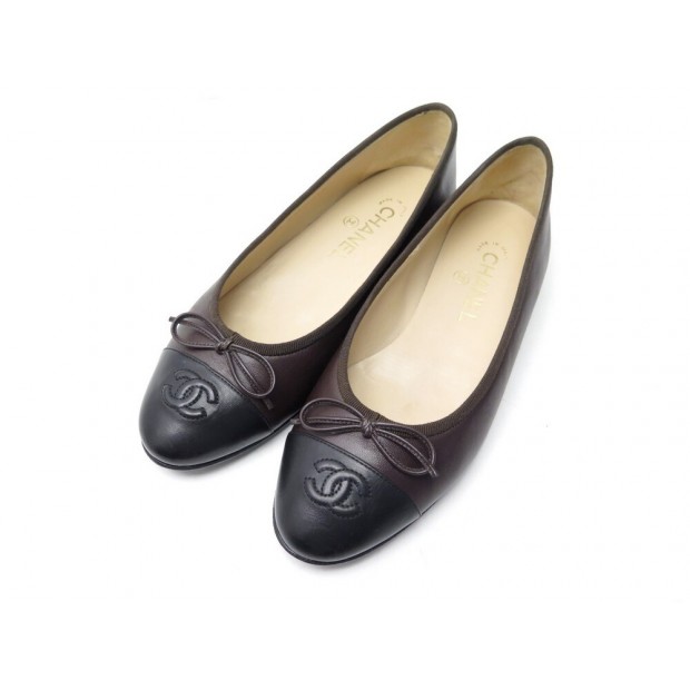 NEUF CHAUSSURES CHANEL BALLERINES LOGO CC A02819 38.5 CUIR MARRON BOITE NEW 750€