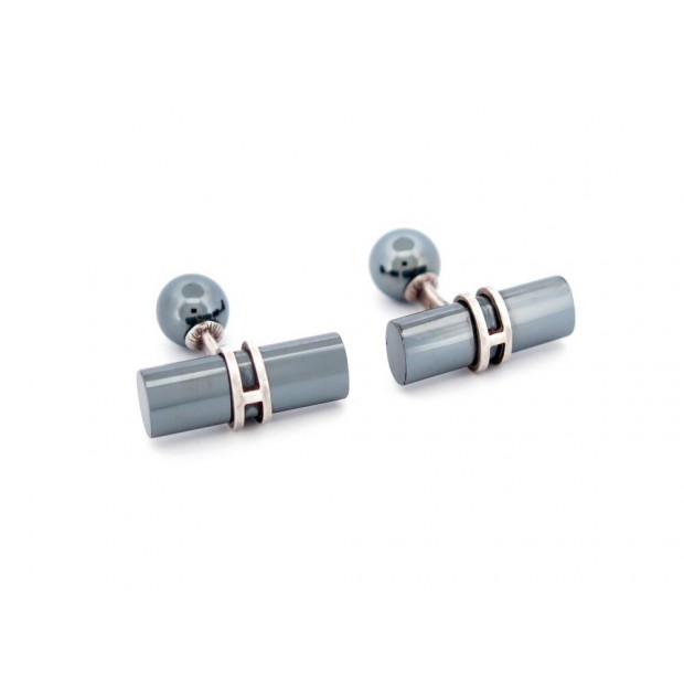 BOUTONS DE MANCHETTES HERMES BATONNETS H ARGENT CERAMIQUE CHROME CUFFLINKS 435€