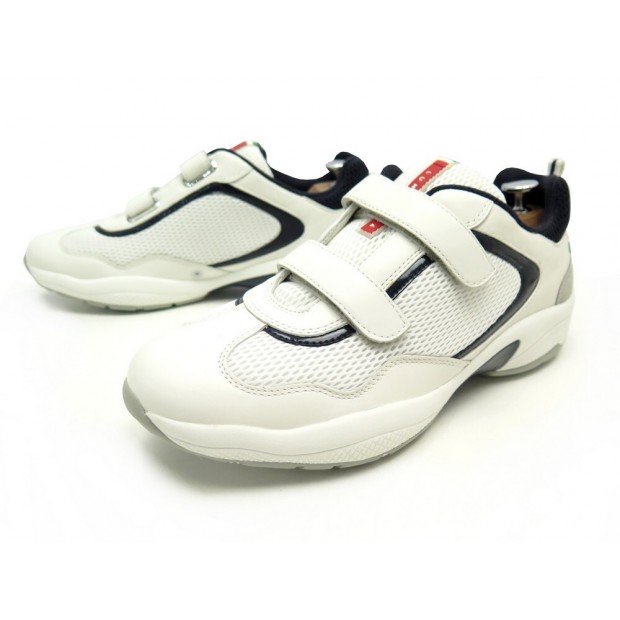 NEUF BASKETS PRADA LUNA ROSSA LUP003 11 IT 46 FR TOILE CUIR BLANC SNEAKERS 250€