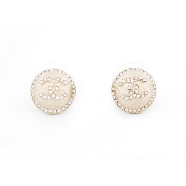 NEUF BOUCLES D'OREILLES CHANEL PUCES LOGO CC & STRASS METAL DORE EARRINGS 400€