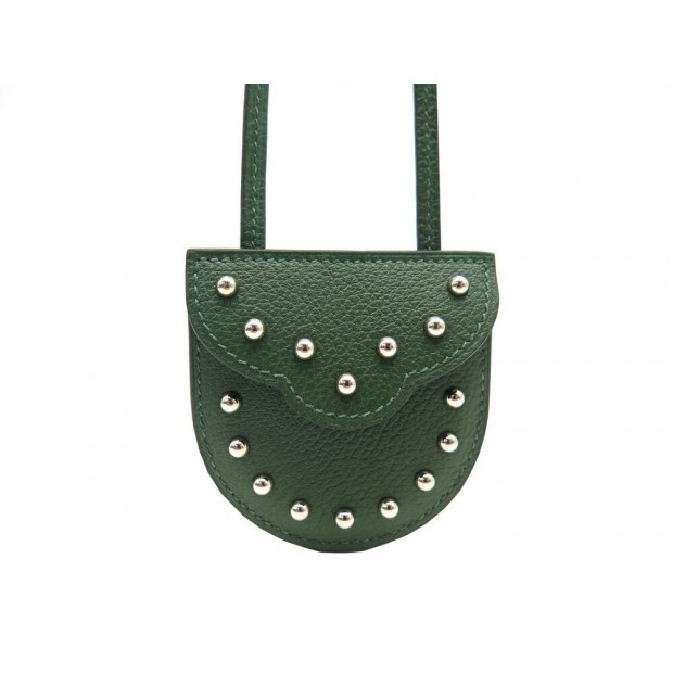 NEUF POCHETTE COLLIER HERMES CARNABY EN CUIR CLOUTE BANDOULIERE VERT CLUTCH 760€