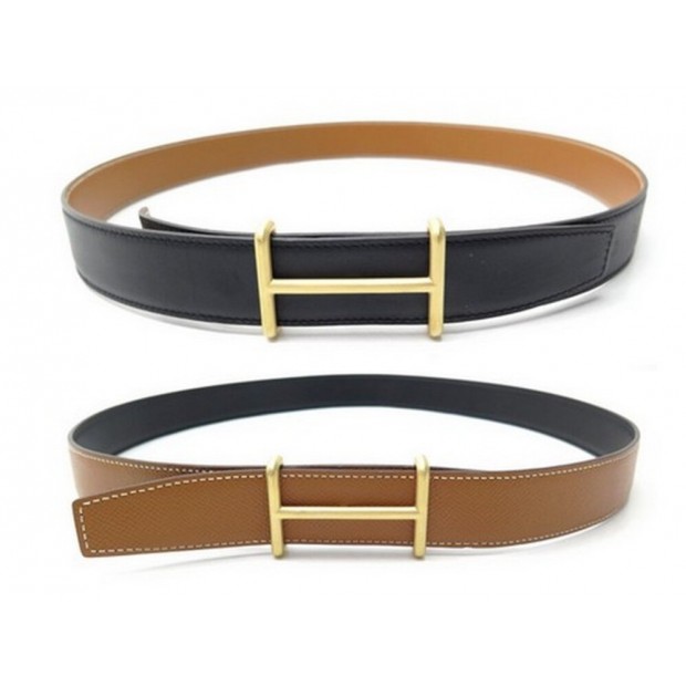 CEINTURE HERMES BOUCLE H IDEM CUIR REVERSIBLE NOIR ET GOLD 38MM T90 BELT 740€