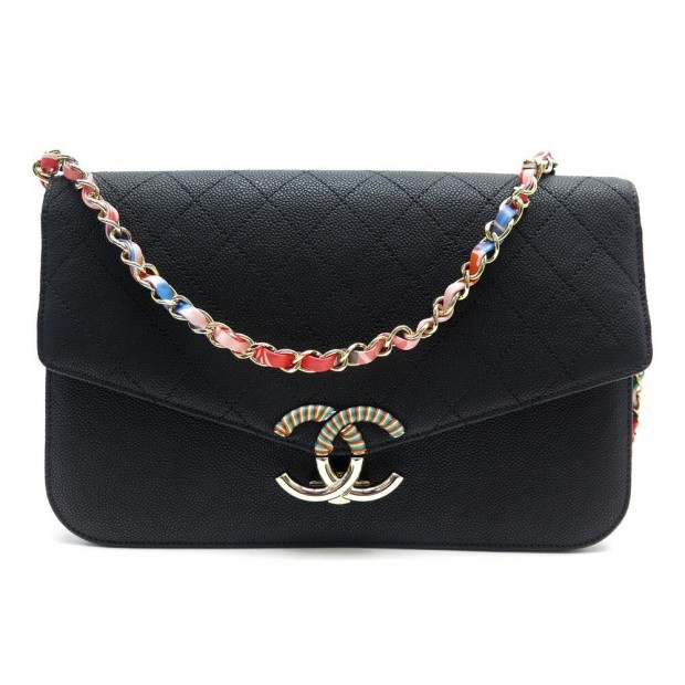 NEUF SAC A MAIN CHANEL CUBA CC FLAP CUIR CAVIAR MATELASSE NOIR BOITE BAG 5200€