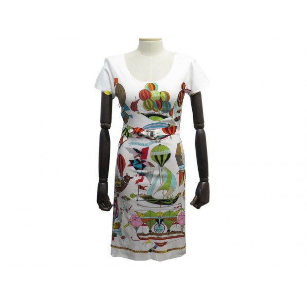 NEUF ROBE HERMES LES FOLIES DU CIEL S 36 BLANC CEINTURE FOULARD CARRE DRESS 800€