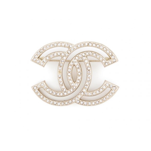 NEUF BROCHE CHANEL LOGO CC & STRASS EN METAL DORE NEW GOLDEN BROOCH 580€