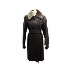 MANTEAU LONG HERMES ZIPPE CUIR DE CHEVRE MARRON ET COL CASTOR S 34 COAT 13500€