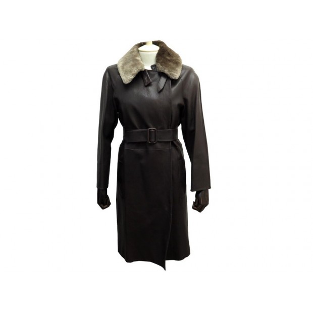 MANTEAU LONG HERMES ZIPPE CUIR DE CHEVRE MARRON ET COL CASTOR S 34 COAT 13500€