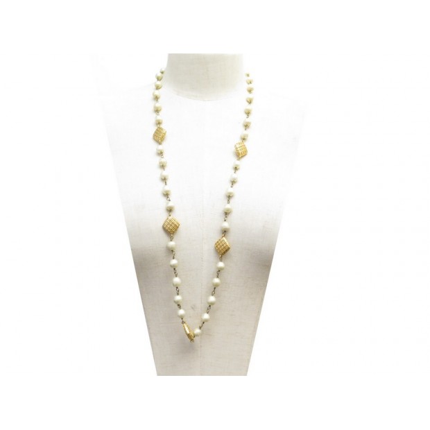 VINTAGE COLLIER CHANEL SAUTOIR PERLES LOSANGES MATELASSES PEARLS NECKLACE 1590€