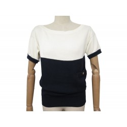 NEUF PULL CHANEL MANCHES COURTES M 38 BICOLORE BEIGE MARINE COTON SWEATER 2100€