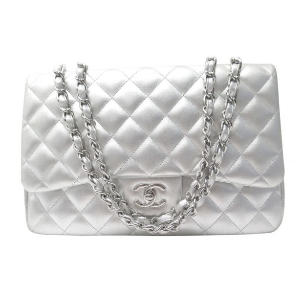 SAC A MAIN CHANEL TIMELESS JUMBO A58600 GRAND CLASSIQUE CUIR ARGENTE PURSE 9700€