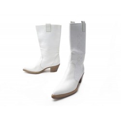 CHAUSSURES CHANEL BOTTES SANTIAGS LOGO CC 36.5 EN CUIR BLANC + BOITE BOOTS 1350€