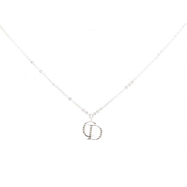 NEUF COLLIER CHRISTIAN DIOR LOGO ET STRASS 45 CM EN ACIER PALLADIE NECKLACE 490€