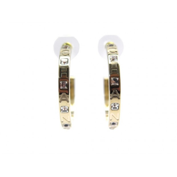 NEUF BOUCLES D'OREILLES CHANEL CREOLES STRASS EN METAL DORE GOLDEN EARRINGS 580€