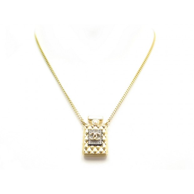 NEUF COLLIER CHANEL LOGO CC BOUTEILLE PARFUM METAL DORE MATELASSE NECKLACE 1200€