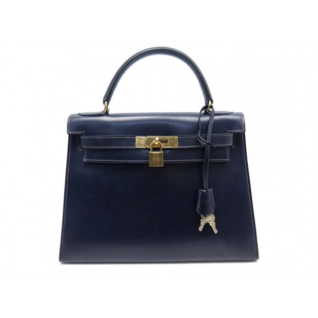 VINTAGE SAC A MAIN HERMES KELLY 28 SELLIER 1959 EN CUIR BOX BLEU NAVY HAND BAG