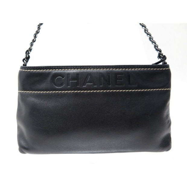 NEUF SAC A MAIN CHANEL POCHETTE 24CM EN CUIR NOIR LEATHER POUCH BAG PURSE 2700€