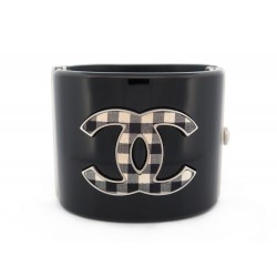 NEUF BRACELET CHANEL MANCHETTE LOGO CC VICHY RESINE NOIR GINGHAM CUFF NEW 735€