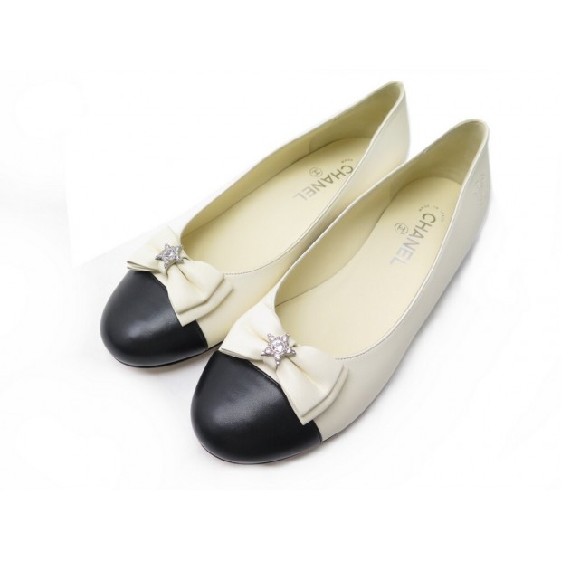 NEUF CHAUSSURES CHANEL BALLERINES ETOILES G30947 39.5 CUIR BEIGE NOIR SHOES 750€