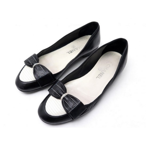 CHAUSSURES CHANEL BALLERINES NOEUD 38 EN CUIR NOIR & BLANC LOAFFERS SHOES 750€